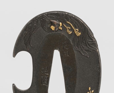 Lot 236 - NAGATA CHIKAYUKI: A FINE HAMANO SCHOOL SHIBUICHI HAMIDASHI TSUBA DEPICTING A HO-O BIRD, DATED 1846