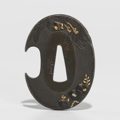 Lot 236 - NAGATA CHIKAYUKI: A FINE HAMANO SCHOOL SHIBUICHI HAMIDASHI TSUBA DEPICTING A HO-O BIRD, DATED 1846