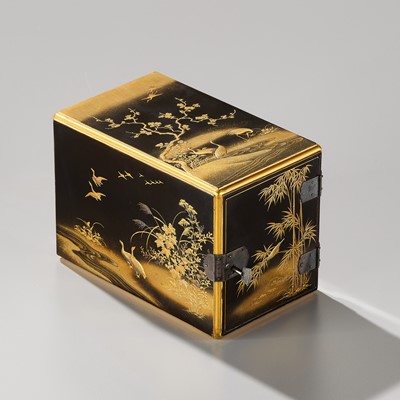 Lot 36 - A FINE MINIATURE LACQUER KODANSU (SMALL CABINET) DEPICTING BIRDS AND FLOWERS