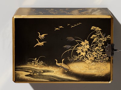 Lot 36 - A FINE MINIATURE LACQUER KODANSU (SMALL CABINET) DEPICTING BIRDS AND FLOWERS