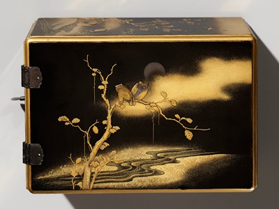 Lot 36 - A FINE MINIATURE LACQUER KODANSU (SMALL CABINET) DEPICTING BIRDS AND FLOWERS