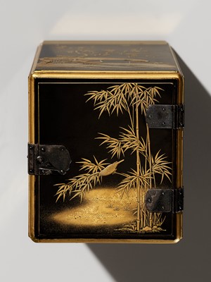 Lot 36 - A FINE MINIATURE LACQUER KODANSU (SMALL CABINET) DEPICTING BIRDS AND FLOWERS