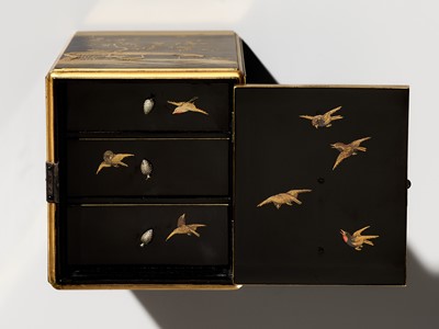 Lot 36 - A FINE MINIATURE LACQUER KODANSU (SMALL CABINET) DEPICTING BIRDS AND FLOWERS