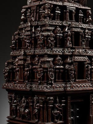 Lot 269 - A LARGE ANF FINELY CARVED SANDALWOOD MODEL OF A TEMPLE GATE, GOPURAM, TAMIL NADU