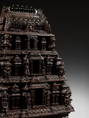 Lot 269 - A LARGE ANF FINELY CARVED SANDALWOOD MODEL OF A TEMPLE GATE, GOPURAM, TAMIL NADU