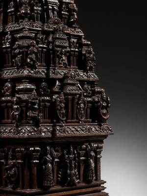 Lot 269 - A LARGE ANF FINELY CARVED SANDALWOOD MODEL OF A TEMPLE GATE, GOPURAM, TAMIL NADU