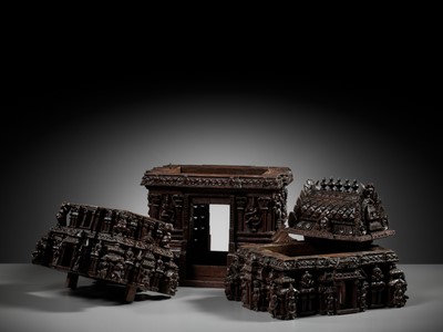 Lot 269 - A LARGE ANF FINELY CARVED SANDALWOOD MODEL OF A TEMPLE GATE, GOPURAM, TAMIL NADU