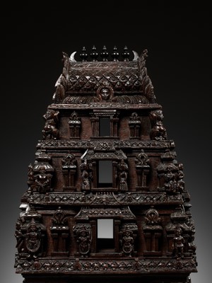 Lot 269 - A LARGE ANF FINELY CARVED SANDALWOOD MODEL OF A TEMPLE GATE, GOPURAM, TAMIL NADU