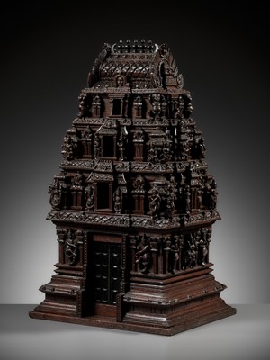 Lot 269 - A LARGE ANF FINELY CARVED SANDALWOOD MODEL OF A TEMPLE GATE, GOPURAM, TAMIL NADU