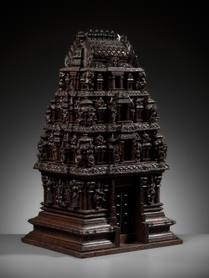 Lot 269 - A LARGE ANF FINELY CARVED SANDALWOOD MODEL OF A TEMPLE GATE, GOPURAM, TAMIL NADU
