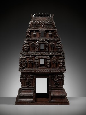Lot 269 - A LARGE ANF FINELY CARVED SANDALWOOD MODEL OF A TEMPLE GATE, GOPURAM, TAMIL NADU