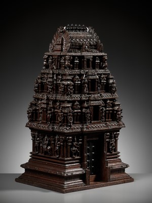 Lot 269 - A LARGE ANF FINELY CARVED SANDALWOOD MODEL OF A TEMPLE GATE, GOPURAM, TAMIL NADU
