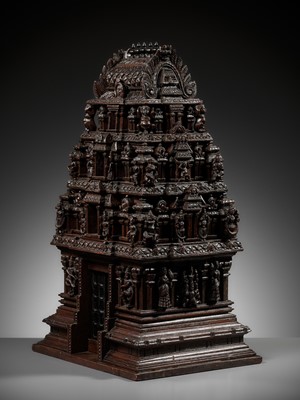 Lot 269 - A LARGE ANF FINELY CARVED SANDALWOOD MODEL OF A TEMPLE GATE, GOPURAM, TAMIL NADU