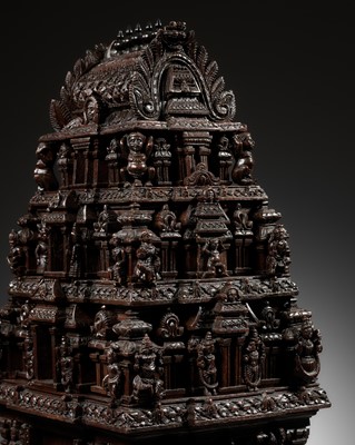 Lot 269 - A LARGE ANF FINELY CARVED SANDALWOOD MODEL OF A TEMPLE GATE, GOPURAM, TAMIL NADU