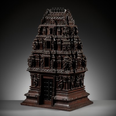 Lot 269 - A LARGE ANF FINELY CARVED SANDALWOOD MODEL OF A TEMPLE GATE, GOPURAM, TAMIL NADU