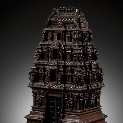 Lot 269 - A LARGE ANF FINELY CARVED SANDALWOOD MODEL OF A TEMPLE GATE, GOPURAM, TAMIL NADU