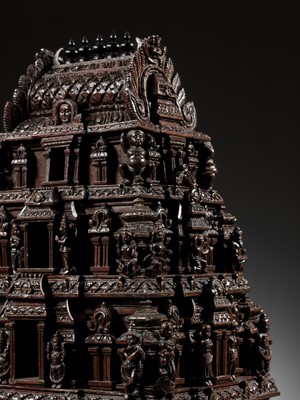 Lot 269 - A LARGE ANF FINELY CARVED SANDALWOOD MODEL OF A TEMPLE GATE, GOPURAM, TAMIL NADU