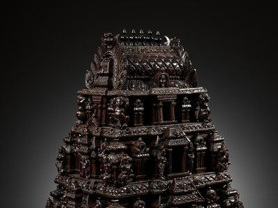 Lot 269 - A LARGE ANF FINELY CARVED SANDALWOOD MODEL OF A TEMPLE GATE, GOPURAM, TAMIL NADU