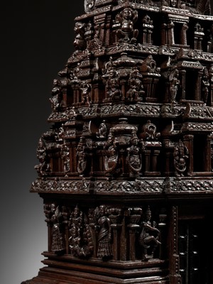 Lot 269 - A LARGE ANF FINELY CARVED SANDALWOOD MODEL OF A TEMPLE GATE, GOPURAM, TAMIL NADU