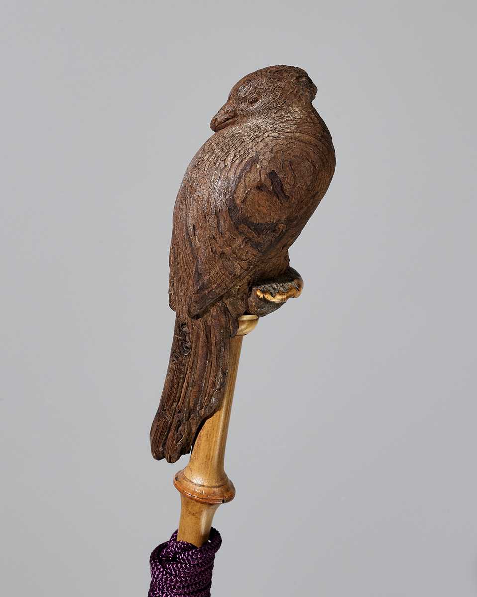 Lot 64 - ASAHI GYOKUZAN: A RARE BAMBOO, WOOD AND ANTLER WALKING STICK, DATED 1919