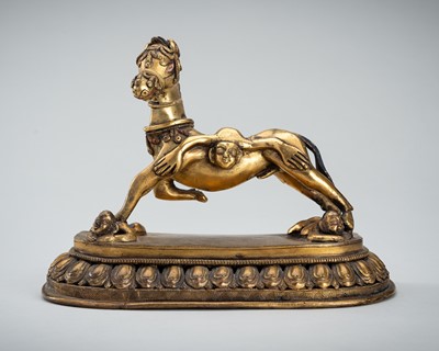 Lot 1457 - A GILT BRONZE FIGURE OF PALDEN LHAMO´S MULE, 17th – 18th CENTURY