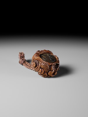 A FINE AND RARE WOOD AND MIXED METAL ‘DRAGON’ KAGAMIBUTA WITH DAIKOKU AND A RAT