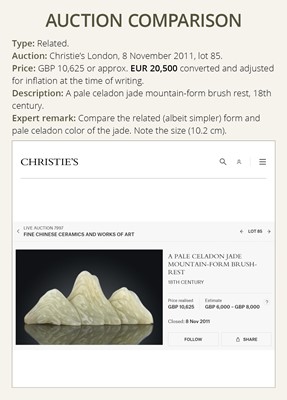 Lot 450 - A CELADON JADE ‘MOUNTAIN’ BRUSH REST, 18TH - 19TH CENTURY