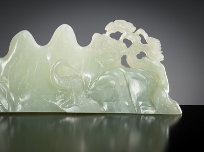 Lot 450 - A CELADON JADE ‘MOUNTAIN’ BRUSH REST, 18TH - 19TH CENTURY