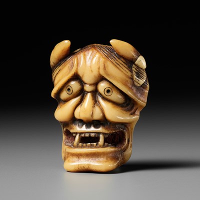 Lot 518 - A FINE ANTLER MASK NETSUKE OF HANNYA