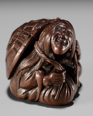 Lot 116 - MASAHIRO: A WOOD NETSUKE OF SOTOBA KOMACHI