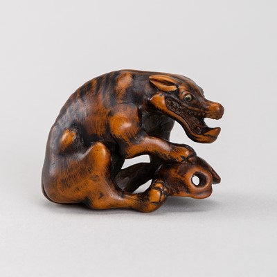 A FINE WOOD NETSUKE OF AN EMACIATED WOLF WITH SKULL