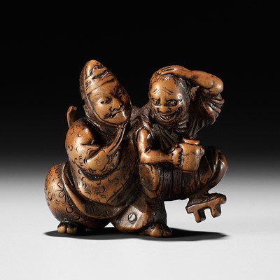 Lot 155 - KASHUN: A WOOD NETSUKE OF TAIRA NO TADAMORI CAPTURING THE OIL THIEF