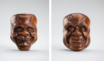 TWO WOOD BAKEMONO MASK CARVINGS