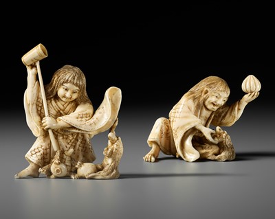 Lot 381 - A PAIR OF IVORY OKIMONO DEPICTING DRUNKEN SHOJO WITH MINOGAME