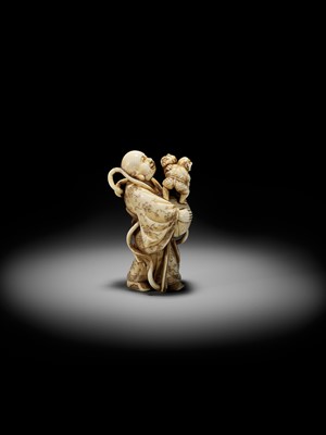 Lot 70 - RYOZAN: AN AMUSING IVORY NETSUKE OF HOTEI WITH WRESTLING ONI