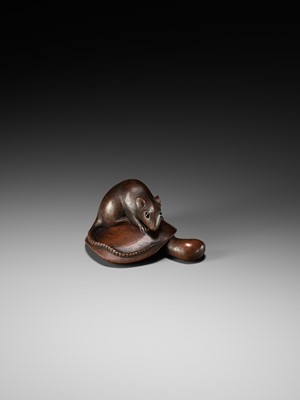 Lot 79 - MASANAO: A FINE WOOD NETSUKE OF A RAT ON A MUSHROOM