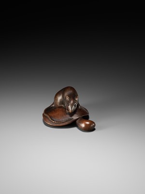 Lot 79 - MASANAO: A FINE WOOD NETSUKE OF A RAT ON A MUSHROOM