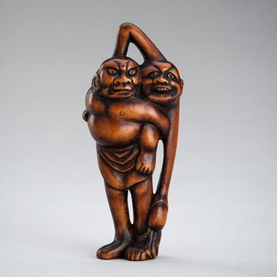 Lot 598 - A BOXWOOD NETSUKE OF ASHINAGA AND TENAGA