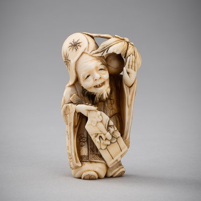 Lot 600 - HIDEKAZU: A FINE IVORY NETSUKE OF FUKUROKUJU