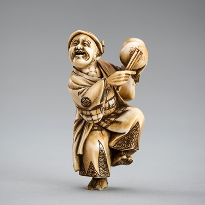 Lot 601 - NYOHO: A FINE IVORY NETSUKE OF A DANCER, MEIJI