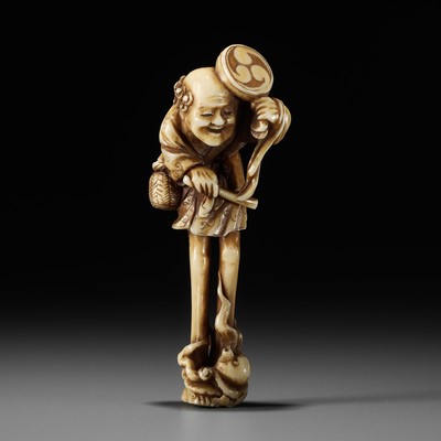 Lot 193 - SHOGETSU: AN AMUSING IVORY NETSUKE OF ASHINAGA AND OCTOPUS