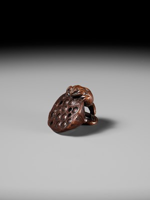 Lot 104 - A RARE WOOD NETSUKE OF A FROG HUNTING A SPIDER ON A LOTUS POD