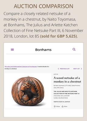 Lot 128 - A FINE TANBA SCHOOL WOOD NETSUKE OF A MONKEY EMERGING FROM A CHESTNUT