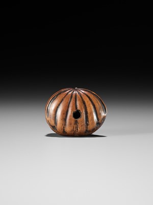 Lot 128 - A FINE TANBA SCHOOL WOOD NETSUKE OF A MONKEY EMERGING FROM A CHESTNUT