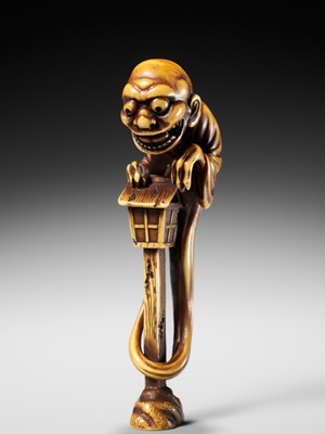 Lot 68 - HIDEMASA: A SUPERB AND LARGE IVORY NETSUKE OF THE BAKEMONO MIKOSHI NYUDO