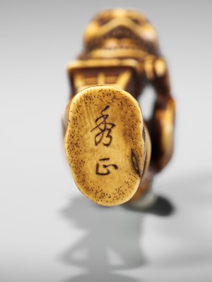 Lot 68 - HIDEMASA: A SUPERB AND LARGE IVORY NETSUKE OF THE BAKEMONO MIKOSHI NYUDO