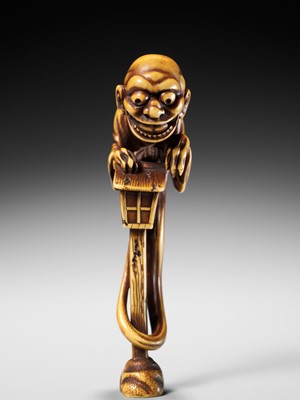 Lot 68 - HIDEMASA: A SUPERB AND LARGE IVORY NETSUKE OF THE BAKEMONO MIKOSHI NYUDO