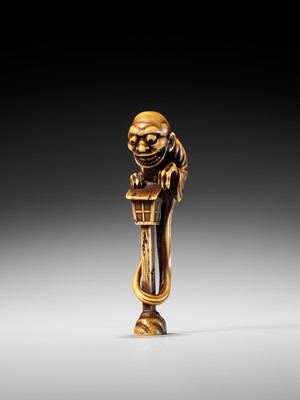 Lot 68 - HIDEMASA: A SUPERB AND LARGE IVORY NETSUKE OF THE BAKEMONO MIKOSHI NYUDO