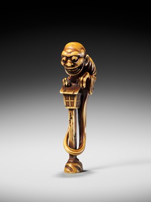 Lot 68 - HIDEMASA: A SUPERB AND LARGE IVORY NETSUKE OF THE BAKEMONO MIKOSHI NYUDO