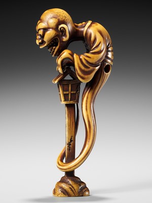 Lot 68 - HIDEMASA: A SUPERB AND LARGE IVORY NETSUKE OF THE BAKEMONO MIKOSHI NYUDO